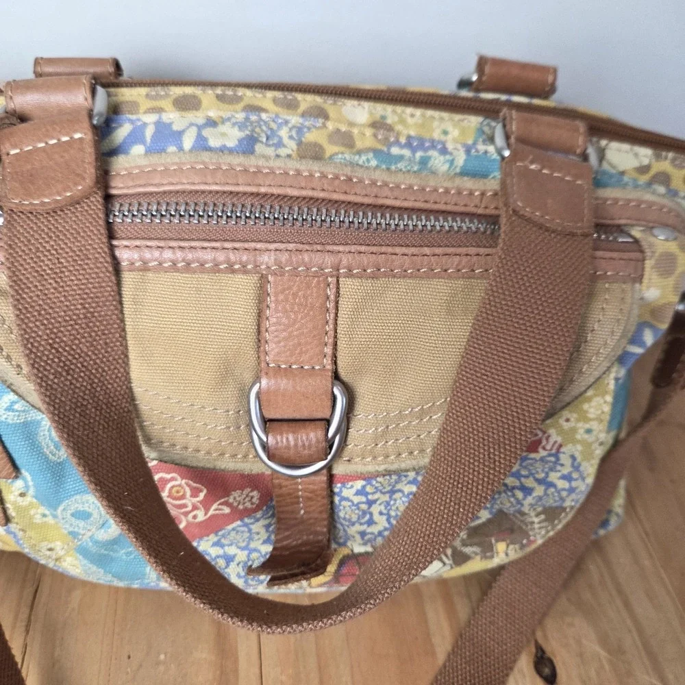 Fossil Patchwork Canvas Satchel Handbag Crossbody Shoulder Bag Leather Boho...